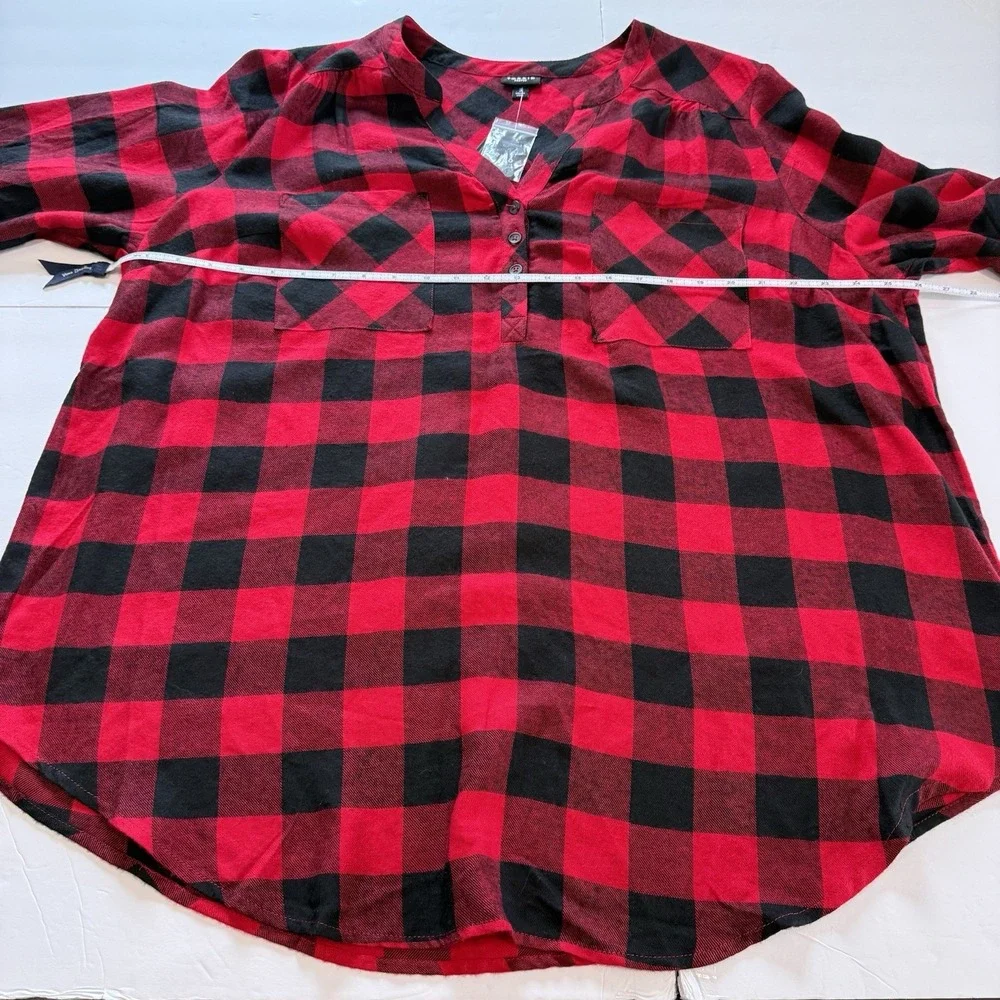 Torrid Lizzie Black Red Buffalo Plaid Twill Button Up Long Sleeve‎ Shirt Size 3X